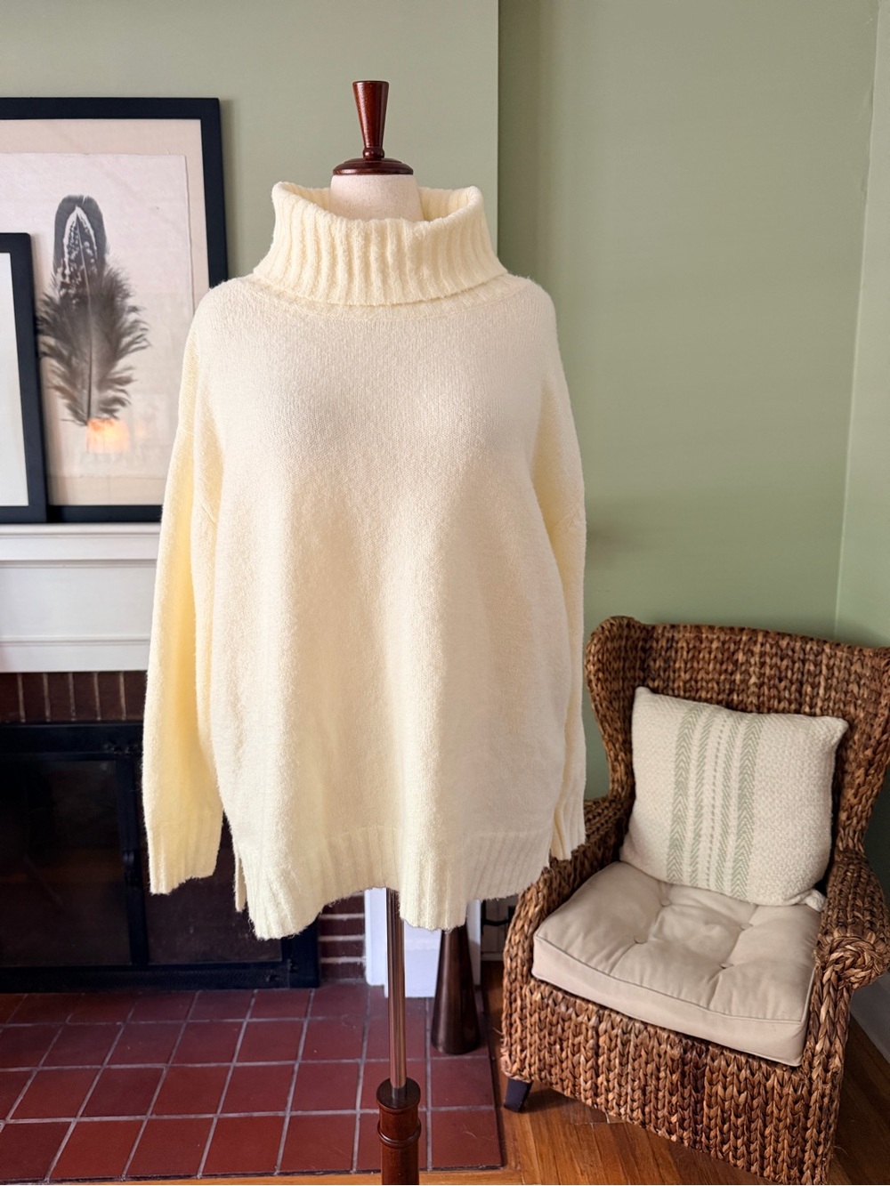 Ivory Bouclé Knit Oversized Turtleneck Sweater Size 2X
